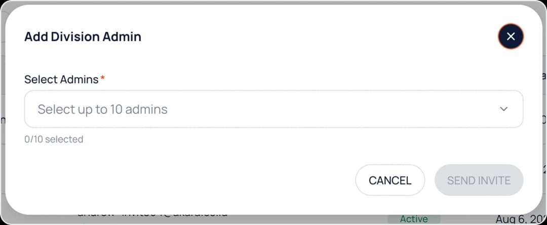 Add Division Admin dialog with the admin selector