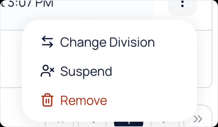Row action menu showing Change Division, Suspend, and Remove