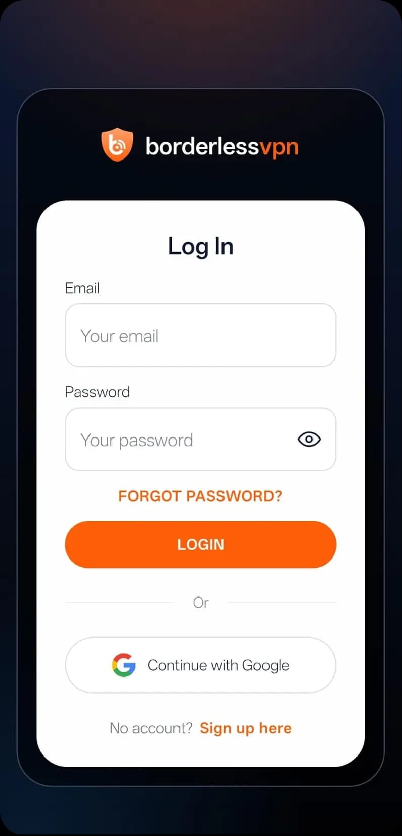 BorderlessVPN Android login screen asking for username and password