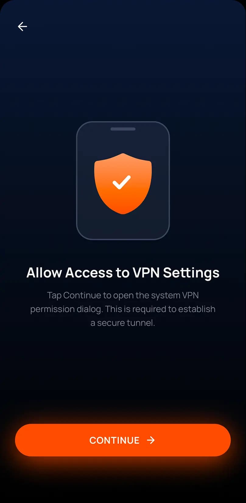 Allow Access to VPN Settings screen with the Continue button