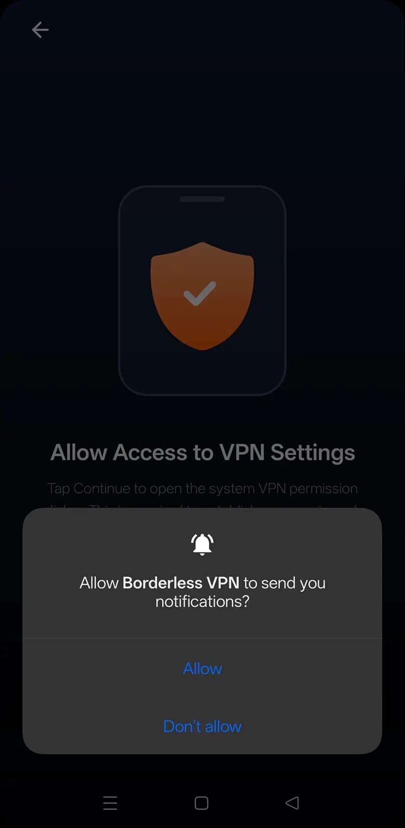 Android prompt asking to allow Borderless VPN to send notifications