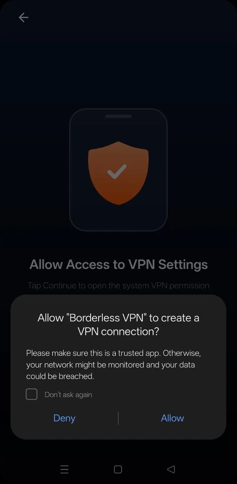 Android prompt asking to allow Borderless VPN to create a VPN connection