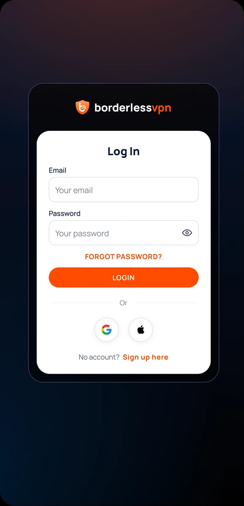 BorderlessVPN iOS login screen with Google, Apple, and username sign-in options