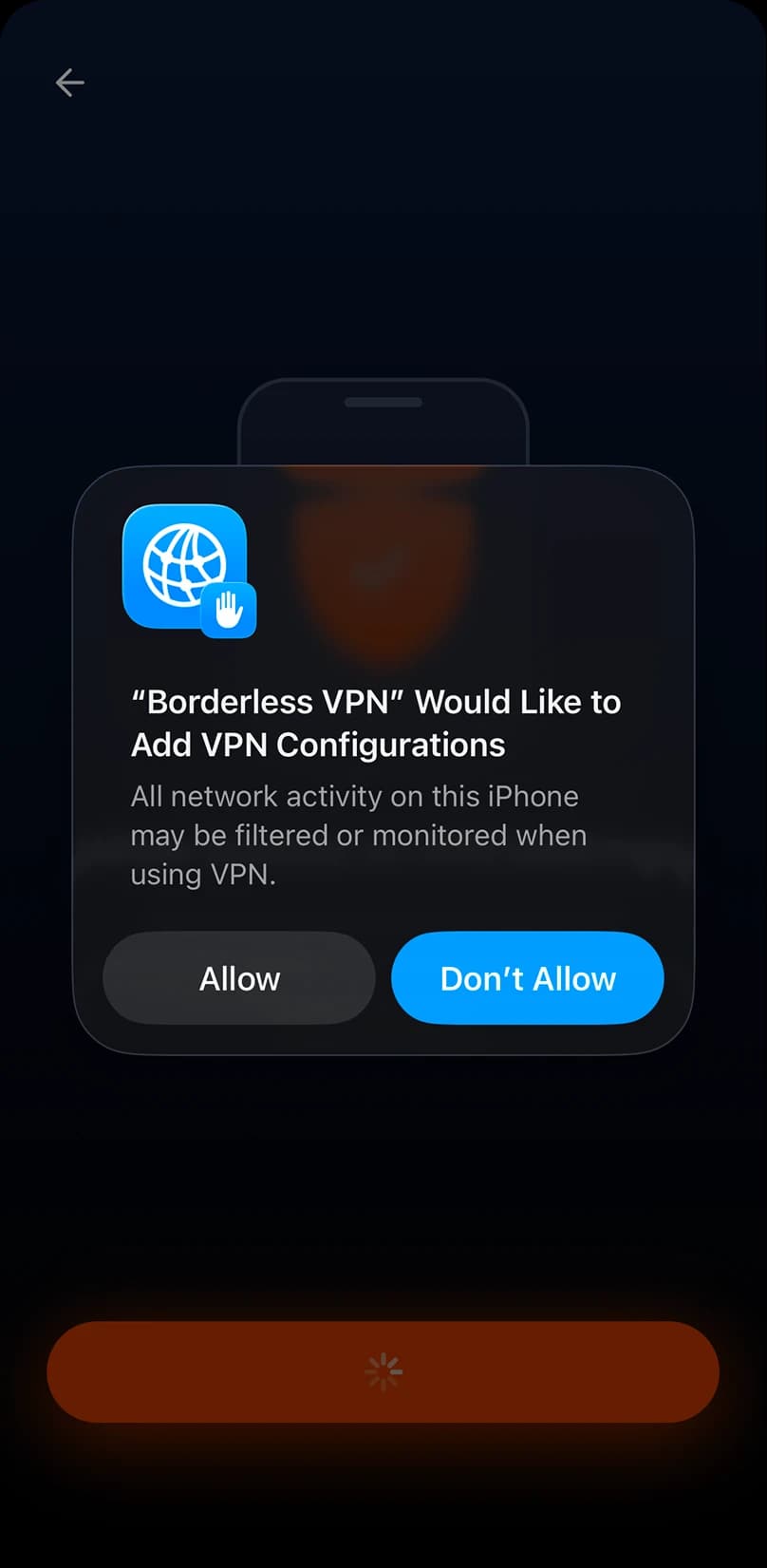 iOS prompt asking to allow Borderless VPN to add VPN configurations