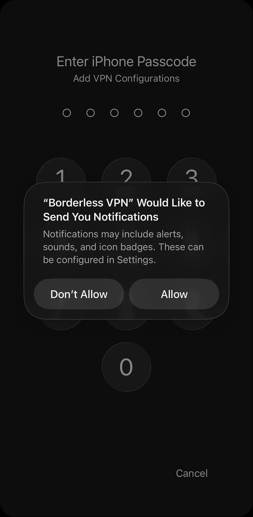 iPhone passcode prompt for adding VPN configurations, with the notifications permission dialog
