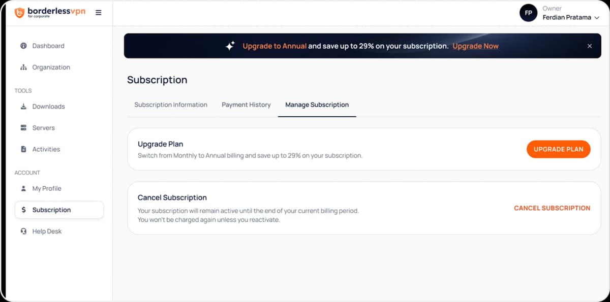 Manage Subscription tab with the Cancel Subscription button highlighted