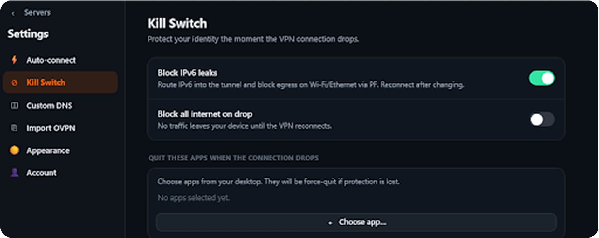 BorderlessVPN desktop Kill Switch settings panel with block options