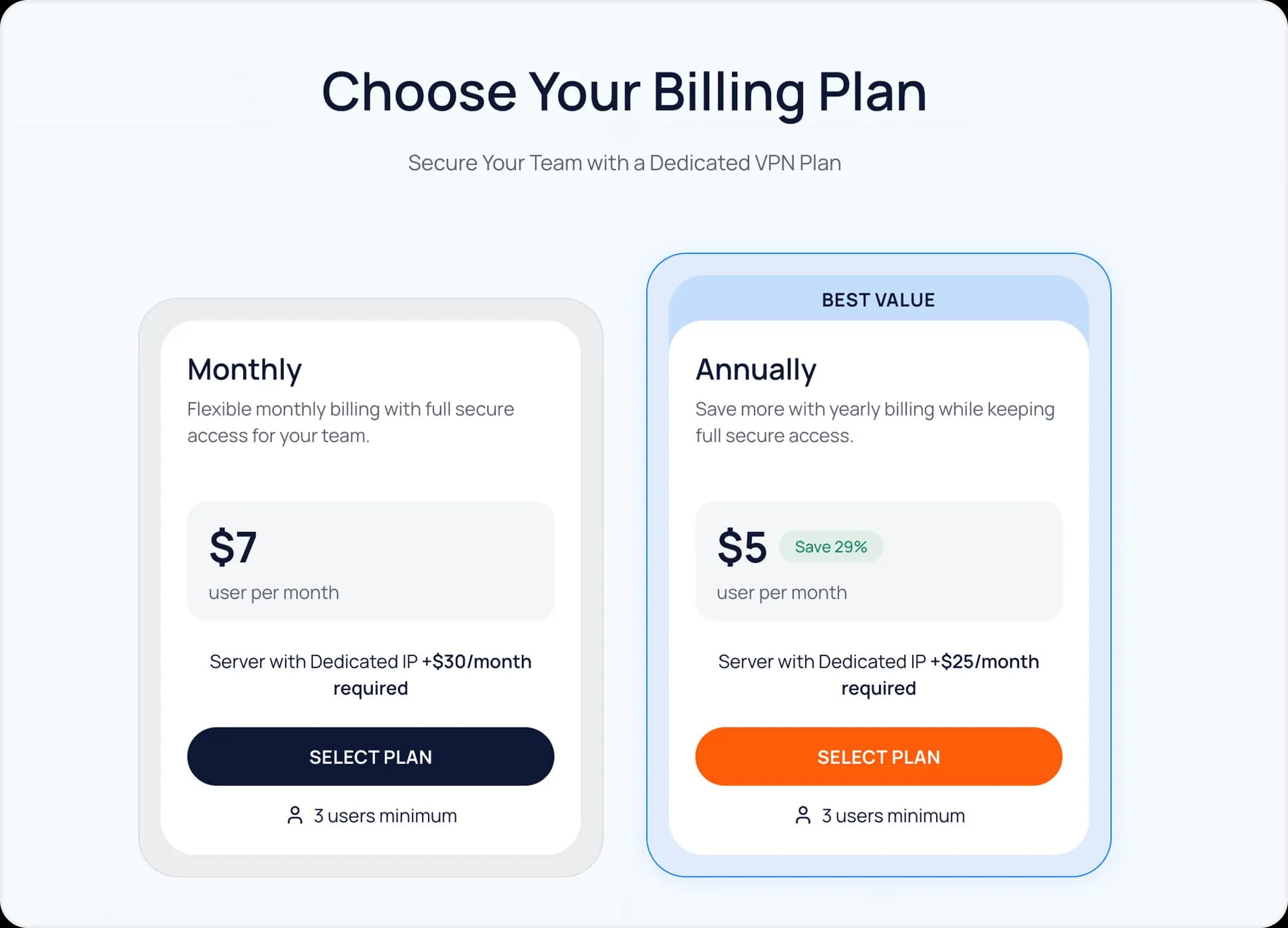 Package selection page with the Select Plan button