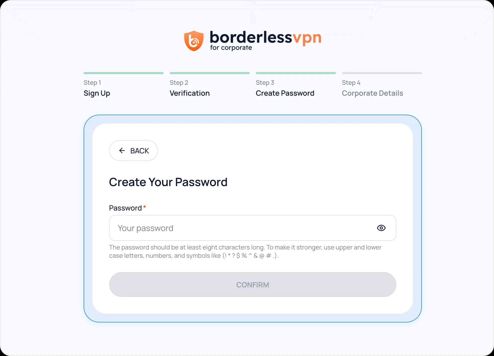 Create password screen with password requirements