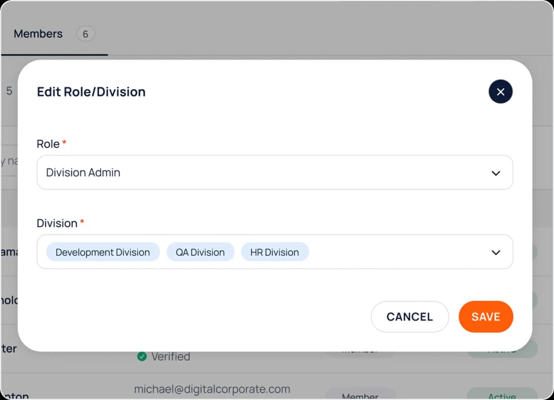 Edit Role/Division dialog with role and division selectors
