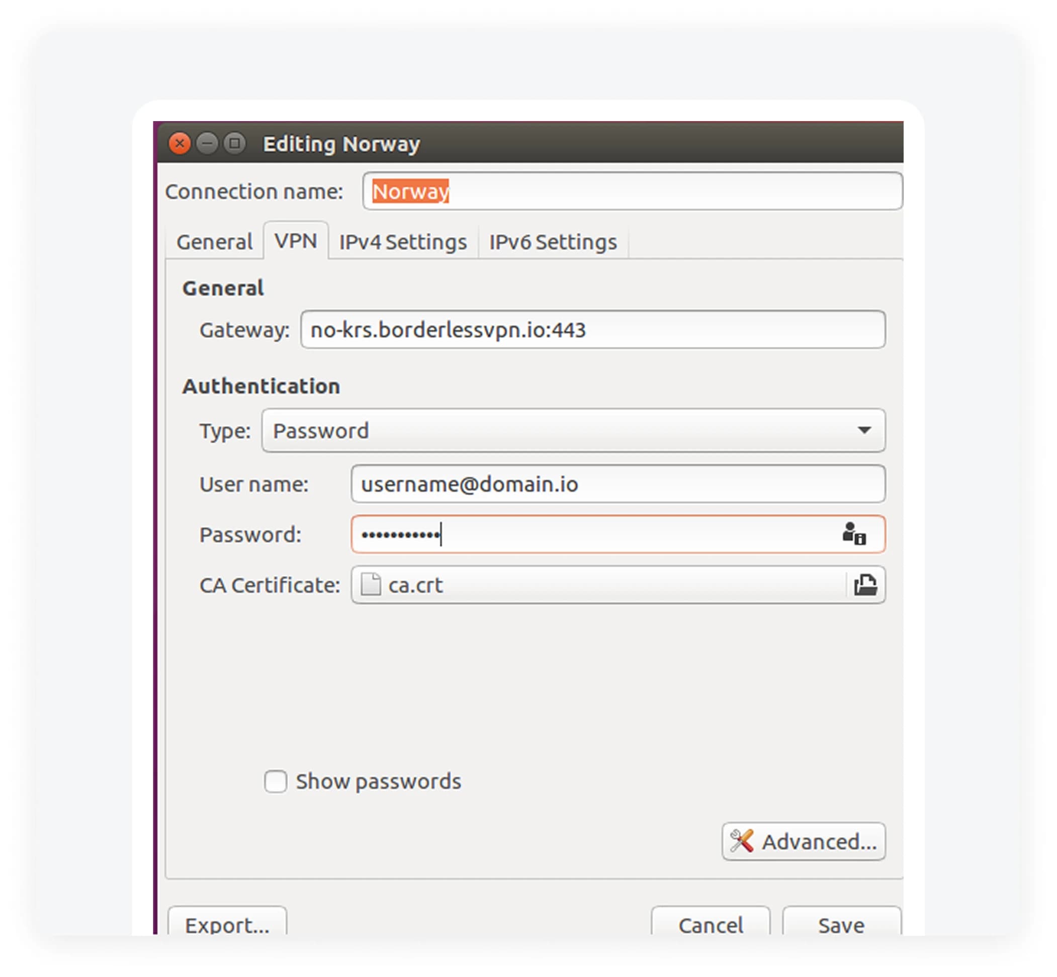 Ubuntu VPN connection dialog with username and password fields