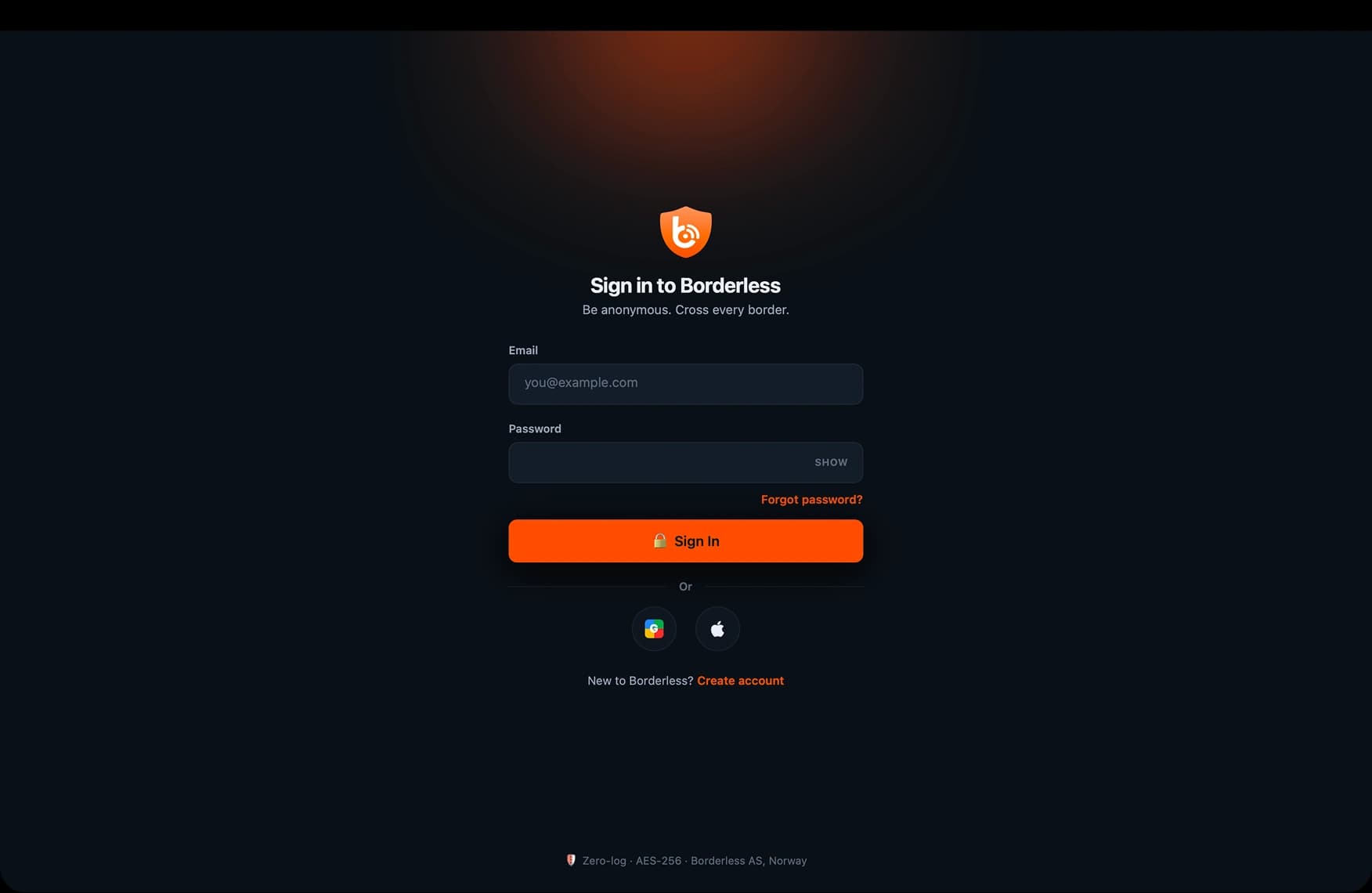 BorderlessVPN macOS sign-in window with Google, Apple, and username options