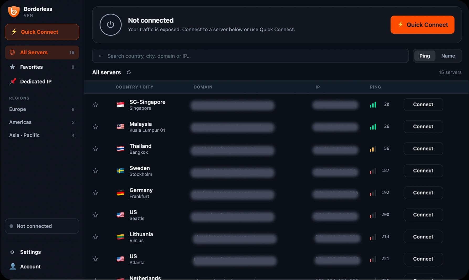 BorderlessVPN macOS server list with the Connect button