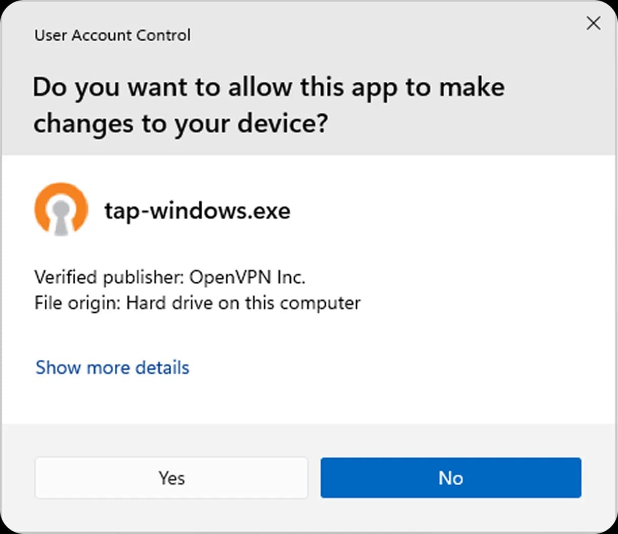 User Account Control dialog asking to allow tap-windows.exe to make changes