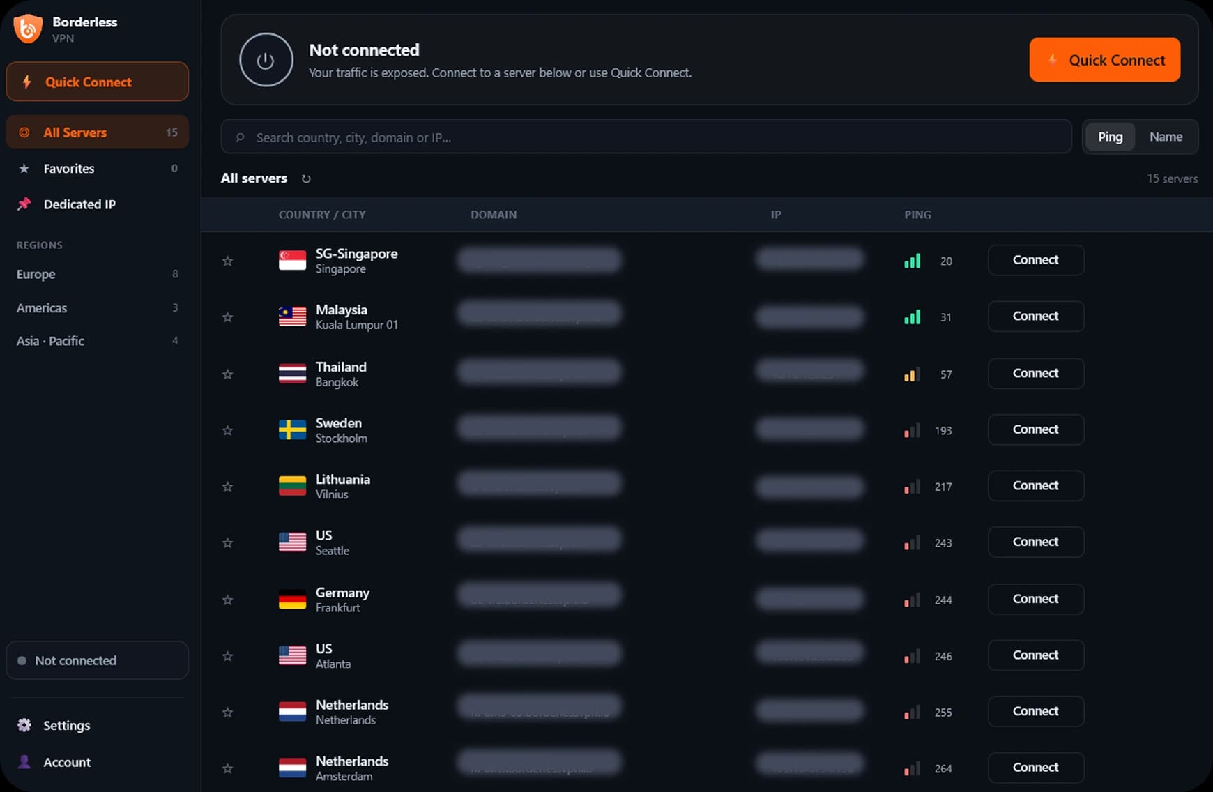 BorderlessVPN Windows client showing the server list ready to connect