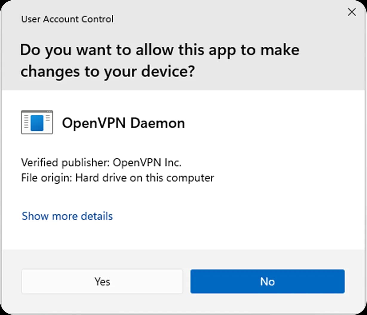 User Account Control dialog granting OpenVPN Daemon access on connect