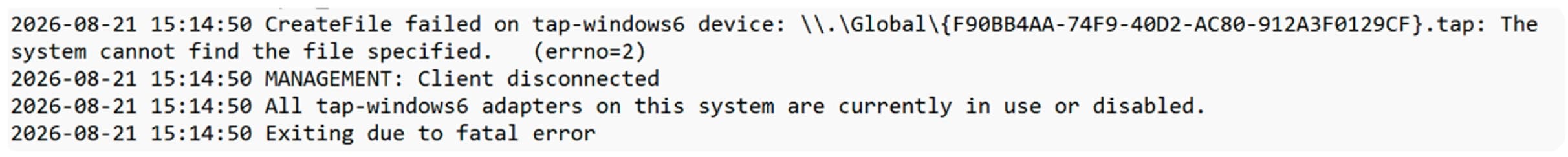 openvpn.log showing the tap-windows6 adapter fatal error message